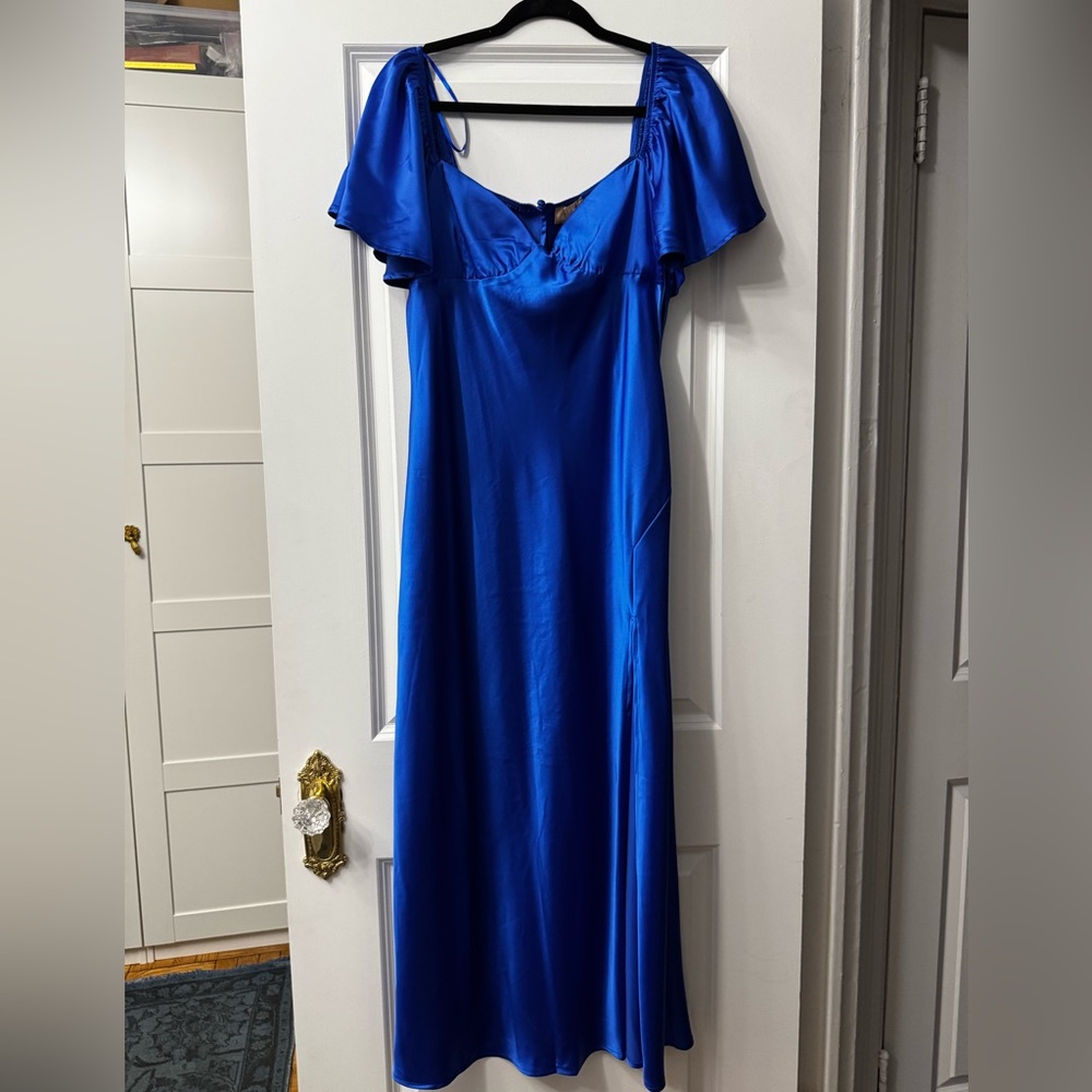 Cobalt Blue Satin Flutter Sleeve Midi Dress by Love Triangle (12)